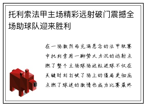 托利索法甲主场精彩远射破门震撼全场助球队迎来胜利 托利索法甲主场精彩远射破门震撼全场助球队迎来胜利
