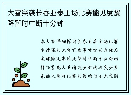 大雪突袭长春亚泰主场比赛能见度骤降暂时中断十分钟